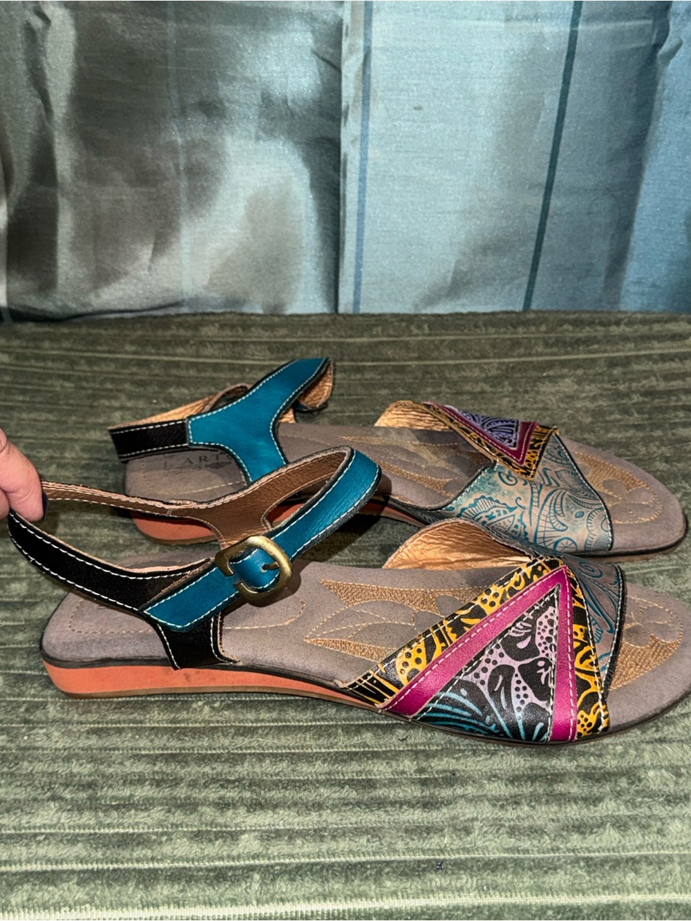 L’artiste Multicolor Patterned Slingback Sandals with Teal Straps- Euro size 42